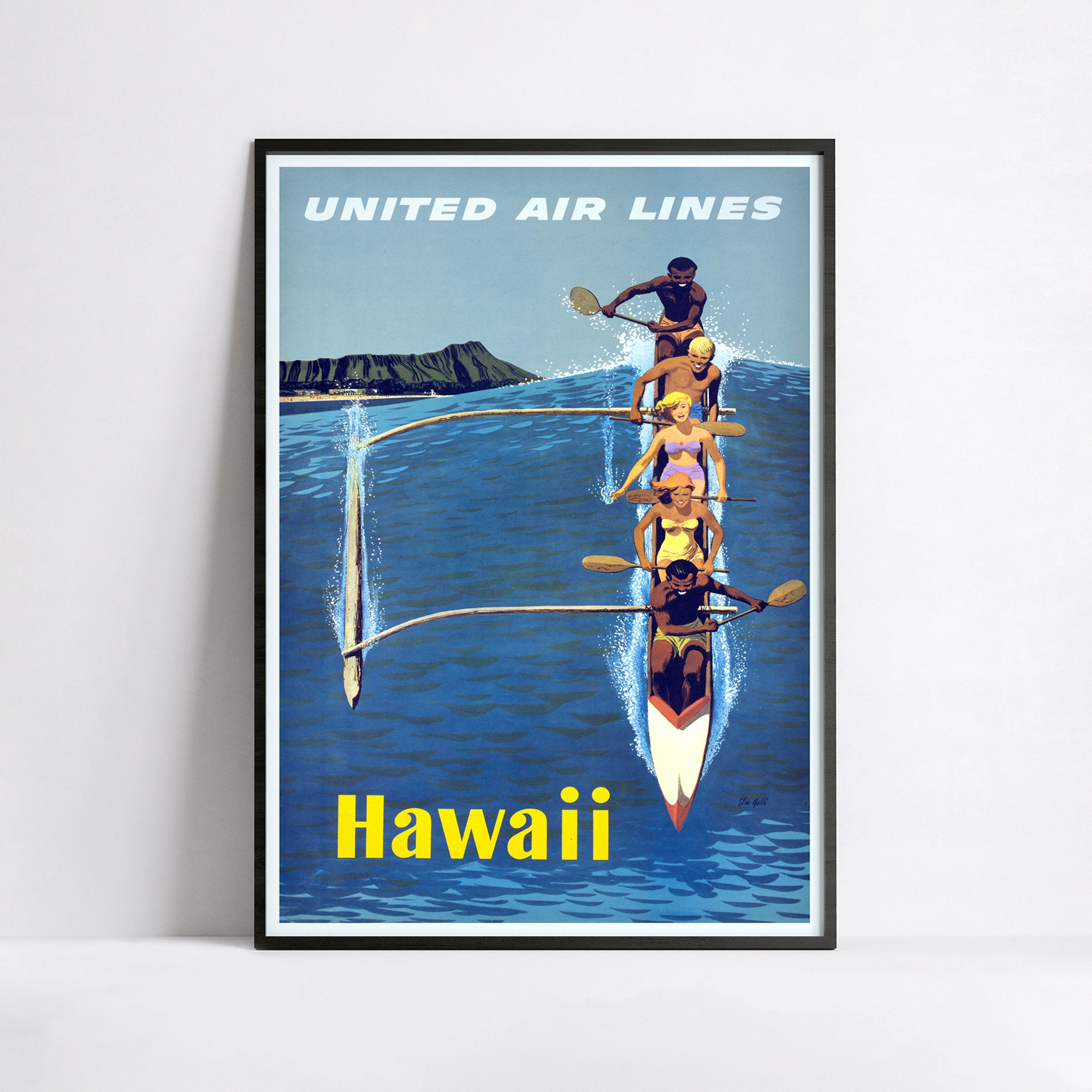 UnitedAirlines ユナイテッド航空ハワイアン ビンテージポスター Amazon.co.jp: ハワイアン航空 - ビーチでハワイの女性
