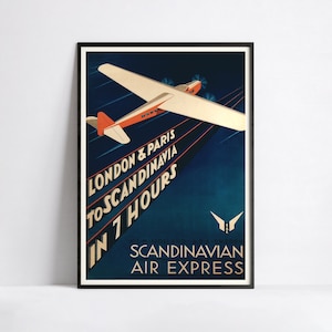 Vintage Fluglinien Poster - Scandinavian Air Express - Retro Reise - A3, A2, A1, A0, 24x36in, 50x70cm - Kunst Wandposter - Werbeplakat