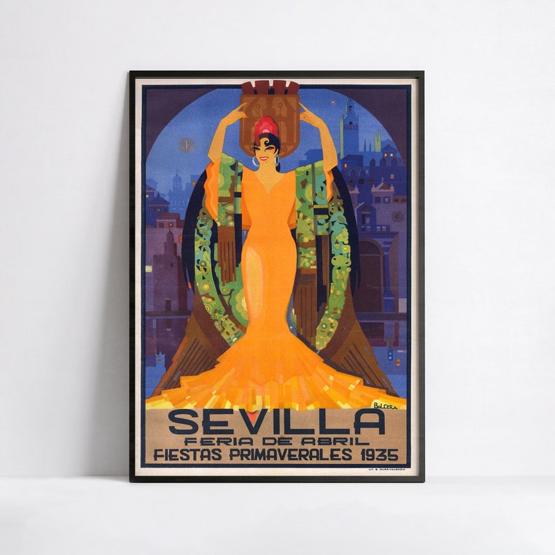 Cartel publicitario - Anuncios de viajes - Impresión en póster 40x60, 50x70, 60x90, 70x100, A3, A2, A1, A0, 12x18, 20x30, 24x36 - Cartel vintage de Sevilla imagen 1