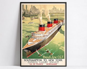 affiche vintage - Ligne française C.G.T - Affiche de voyage - affiche croisière - A2, A1, A0, 24x36in, 50x70cm... - Affiche d'art mural - Affiche publicitaire