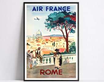 Può includere: Poster vintage di viaggio che pubblicizza i voli Air France per Roma. Il poster presenta un'illustrazione ad acquerello dello skyline della città con un aereo che vola sopra, un albero e persone che camminano su un sentiero. Il testo "AIR FRANCE" e "ROMA" è stampato in blu e rosso.