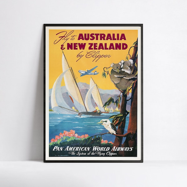 Poster HD - A3, A2, A1, A0, 24 x 36 pouces, 50 x 70 cm ... - Poster Pan Am - Australie et Nouvelle-Zélande - Poster vintage de compagnie aérienne