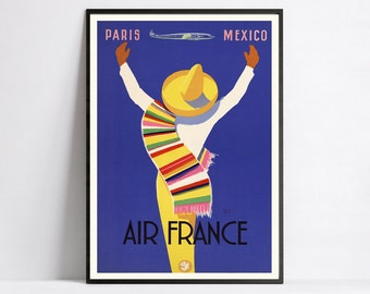 Póster vintage de Air France - París, México - Póster de aerolínea - A3, A2, A1, A0, 24 x 36 pulgadas, 50 x 70 cm... - Póster de arte mural - Póster publicitario