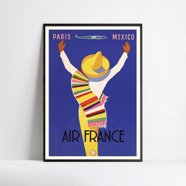 Affiche vintage Air France - Paris Mexique - affiche compagnie aérienne - A3, A2, A1, A0, 24x36in, 50x70cm... - Affiche d'art mural - Affiche publicitaire