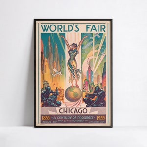 Art deco poster - Vintage travel poster  - World's fair Chicago 1833 1933 - A3, A2, A1, 24x36 in, 50x70cm ... - tourism poster