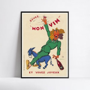 Póster Art Nouveau - Póster vintage de bebidas alcohólicas - Póster de vino - Póster de cocina - Póster francés - "Bebe mi vino y vive feliz" de Dransy