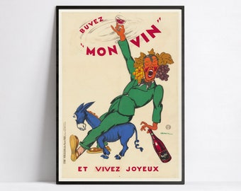 Art nouveau poster  - Vintage alcohol poster - Wine poster - Kitchen poster - French poster -  &quot;Drink my wine and live happily&quot; by Dransy