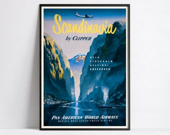Póster de viaje vintage - Pan Am Scandinavia - Impresión retro de aerolínea - A3, A2, A1, A0, 24x36in, 50x70cm ..- Decoración de pared - Póster publicitario