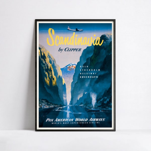 affiche de voyage vintage - Scandinavie panaméricaine - Impression d'une compagnie aérienne rétro - A3, A2, A1, A0, 24 x 36 po., 50 x 70 cm - Art mural - Affiche publicitaire