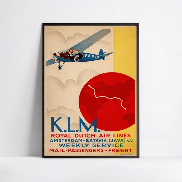 Vintage luchtvaartposter - KLM Royal Dutch Airlines - Retro reizen - A3, A2, A1, A0, 24x36in, 50x70cm - Muurkunstposter - Reclameposter