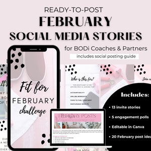 Könnte beinhalten: Ein digitales Marketingpaket für Social-Media-Stories im Februar. Das Bild zeigt ein Smartphone und einen Laptop, die Inhalte mit dem Text "Fit for February challenge" und "February Posts" anzeigen. Enthält 13 Einladungs-Stories, 5 Umfragen und 20 Post-Ideen.
