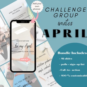 Könnte beinhalten: Eine Werbegrafik für ein April Bootcamp mit einem Smartphone, das eine Registrierungsseite anzeigt. Das Design enthält den Text: "CHALLENGE GROUP lädt APRIL ein." Zusätzlicher Text hebt die Funktionen des Bundles hervor: 16 Folien, Umfragen, Anmeldeliste, Call-to-Action und 100 % anpassbar.