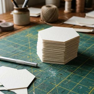 May include: A tall stack of off-white, hexagonal paper cards sits on a green cutting mat. A silver craft knife with a sharp blade lies on the mat next to several loose, individual hexagonal paper cutouts with a textured surface finish.