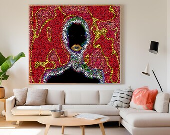 May include: Large framed artwork featuring a black figure with gold lips against a vibrant red background with yellow and white accents. The artwork hangs above a white sectional sofa in a modern living room setting.