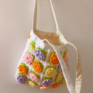 Handmade Crochet granny square flowers Tote bag with canvas; crochet bag, handbag book bag, vintage style, gift for her