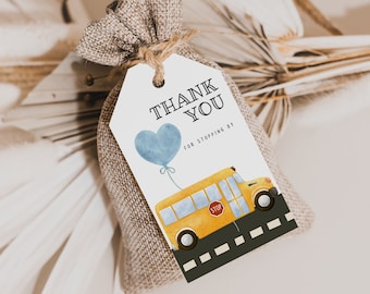 Wheels On The Bus Birthday Favor Tags - Yellow School Bus Birthday Party Gift Tag - Editable Template w/ School Bus Theme | DIGITAL DOWNLOAD