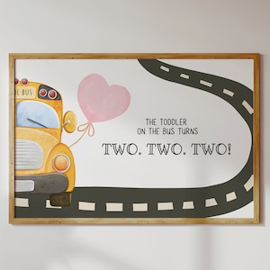 Pink Wheels On The Bus Backdrop - Yellow School Bus Party Decorations - Editable Template with School Bus Theme | DIGITAL DOWNLOAD SIGN