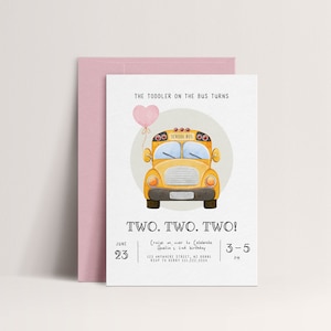 Pink Wheels On The Bus Birthday Invitation - Yellow School Bus Party Invitation - Editable Template with School Bus Theme | DIGITAL DOWNLOAD