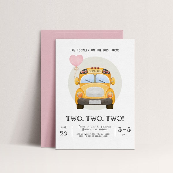 Pink Wheels On The Bus Birthday Invitation - Yellow School Bus Party Invitation - Editable Template with School Bus Theme | DIGITAL DOWNLOAD