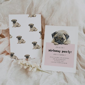 Rosa Mops-Geburtstags-Einladung - Hund erster Geburtstag - Hunde-Themen-Geburtstags-Party - Hunde-Thema-Geburtstags-Einladung EDITIERBARE DIGITALER DOWNLOAD