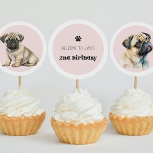 Rosa Mops Geburtstag Cupcake Toppers: Hund Party Dekor (EDITIERBARER DIGITALER DOWNLOAD)