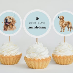 Golden Retriever Birthday Cupcake Toppers: Dog Party Decor (EDITABLE DIGITAL DOWNLOAD)