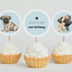 Mops Geburtstag Cupcake Toppers: Bearbeitbarer Hund Party Dekor (Digitaler Download)