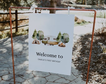 Camping Birthday Welcome Sign: One Happy Camper Party (Digital Download)