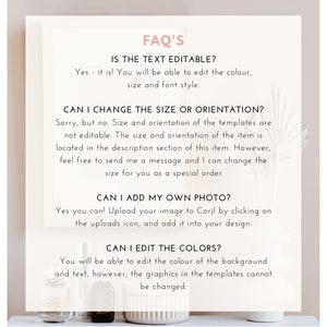 K&ouml;nnte beinhalten: Eine cremefarbene Informationsgrafik mit der &Uuml;berschrift "FAQ'S". Der Text beantwortet Fragen zum Bearbeiten von Text, &Auml;ndern von Gr&ouml;&szlig;e/Ausrichtung, Hinzuf&uuml;gen von Fotos und Bearbeiten von Farben. Der Hintergrund ist ein weicher, neutraler Ton.