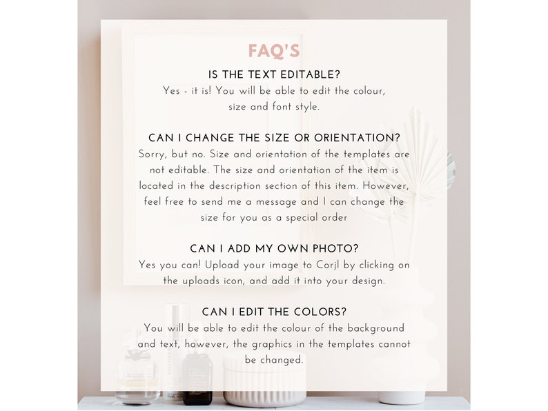 K&ouml;nnte beinhalten: Eine cremefarbene Informationsgrafik mit der &Uuml;berschrift "FAQ'S". Der Text beantwortet Fragen zum Bearbeiten von Text, &Auml;ndern von Gr&ouml;&szlig;e/Ausrichtung, Hinzuf&uuml;gen von Fotos und Bearbeiten von Farben. Der Hintergrund ist ein weicher, neutraler Ton.