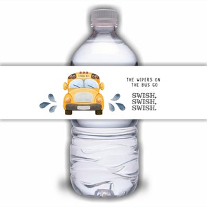 Wheels On The Bus Water Bottle Label - Yellow School Bus Birthday Decor - Editable Template with School Bus Theme | DIGITAL DOWNLOAD