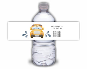 Wheels On The Bus Water Bottle Label - Yellow School Bus Birthday Decor - Editable Template with School Bus Theme | DIGITAL DOWNLOAD