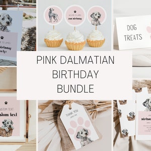 Pink Dalmatian Dog Birthday Party Bundle (Editable Digital Download)