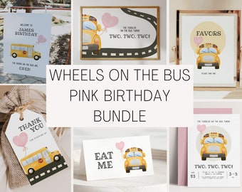 Pink Wheels On The Bus Birthday Invitation Bundle - Yellow School Bus Birthday Set - Editable Template School Bus Theme | DIGITAL DOWNLOAD