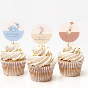 Winnie the Pooh Cupcake Toppers: Vintage Baby Shower Decor (Editable Download)