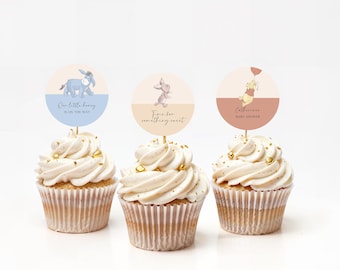 Winnie the Pooh Cupcake Toppers: Vintage Baby Shower Decor (Editable Download)