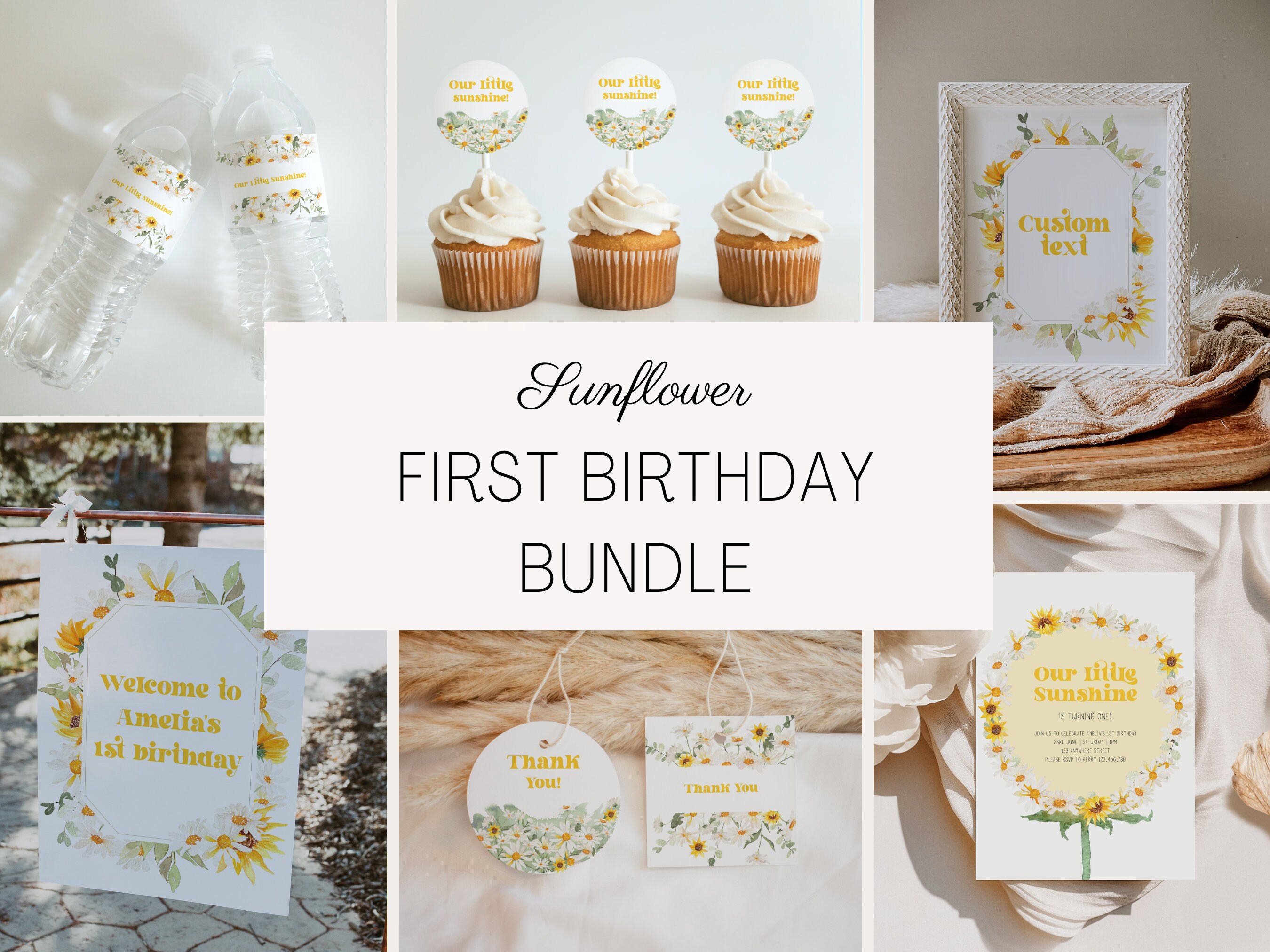 Sunflower First Birthday Invitation Bundle - Sunflower Birthday Bundle - Editable Template Sunflower Theme 1st Birthday | DIGITAL DOWNLOAD