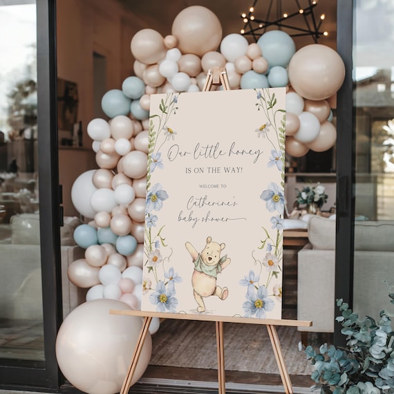 Winnie the Pooh Baby Shower Welcome Sign: Green Floral Design (Digital Download, 11x14 & 18x24")
