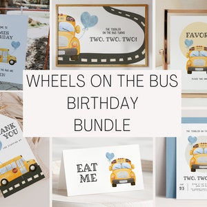 Wheels On The Bus Birthday Invitation Bundle - Yellow School Bus Birthday Set - Editable Template with School Bus Theme | DIGITAL DOWNLOAD