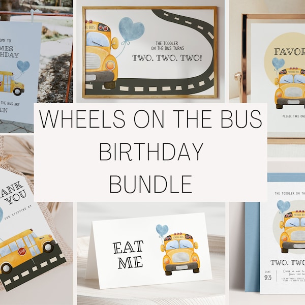 Wheels On The Bus Birthday Invitation Bundle - Yellow School Bus Birthday Set - Editable Template with School Bus Theme | DIGITAL DOWNLOAD