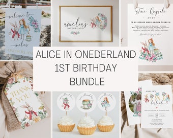 Alice In Onederland Invitation Bundle - First Birthday Invitation Set - Easy To Edit Template w/ Onederland Theme | Digital Download
