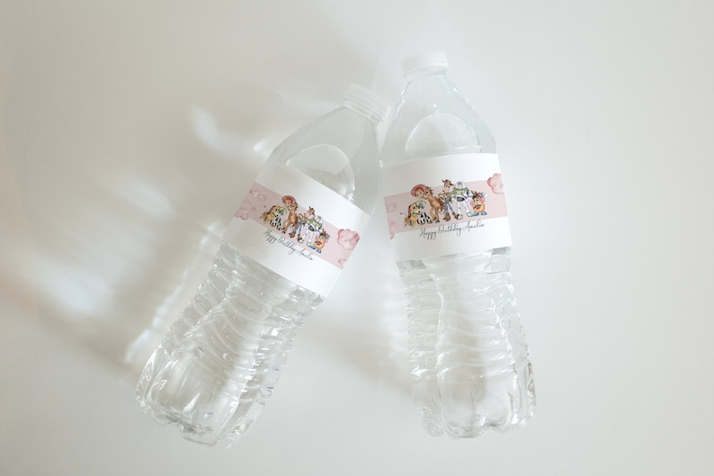 K&ouml;nnte beinhalten: Zwei transparente Plastikwasserflaschen mit Etiketten mit Zeichentrickfiguren und dem Text "Happy Birthday Amelia". Die Etiketten haben einen rosa Hintergrund mit Cartoon-Illustrationen. Die Flaschen sind mit klarer Fl&uuml;ssigkeit gef&uuml;llt.