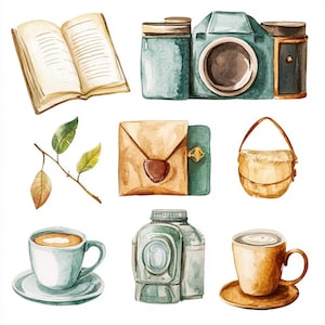 Stickers aquarelle vintage et voyage | Lot de stickers rétro et café