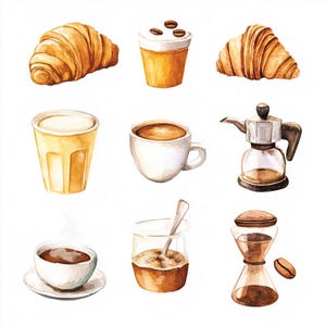 Stickers aquarelle café et viennoiseries | Lot de stickers coffee shop aesthetic