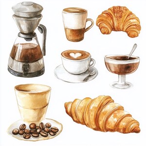 Stickers aquarelle café et viennoiseries | Lot de stickers coffee shop aesthetic