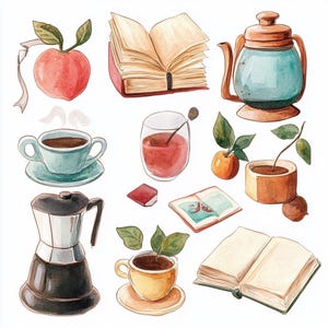 Stickers aquarelle thé, café et lecture | Lot de stickers cosy et nature