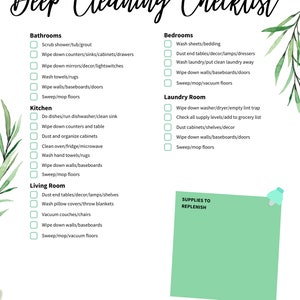 May include: A printable deep cleaning checklist with a green watercolour background and floral accents. The checklist includes categories for bathrooms, bedrooms, kitchen, living room, and laundry room. Each category has a list of cleaning tasks to complete.
