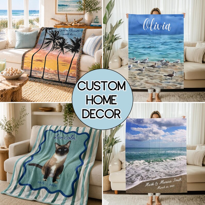 Puede incluir: Una colecci&oacute;n de cuatro mantas personalizadas tejidas e impresas con varios dise&ntilde;os, incluyendo una escena de playa al atardecer con palmeras, una costa con aves y el nombre Olivia, un retrato de gato y una vista del oc&eacute;ano.