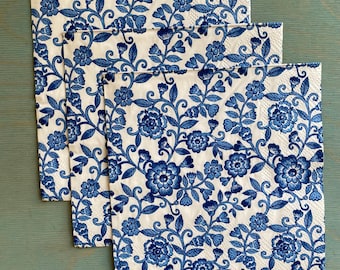 Blue and White (3) Floral Paper Napkin Craft Supply for Decoupage Material Timeless Pattern Design Art Project Idea Navy Blue Denim Theme