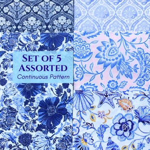May include: A set of five assorted napkins featuring various floral and botanical patterns in shades of blue, white, and soft pink. The text SET OF 5 ASSORTED Continuous Pattern is printed in dark blue on a light blue rectangular background.